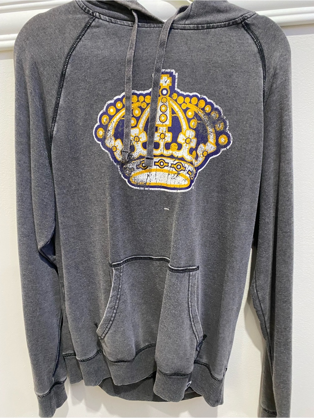 Womans Charcoal Pullover Hoodie with Yellow Crown Graphic LA kings